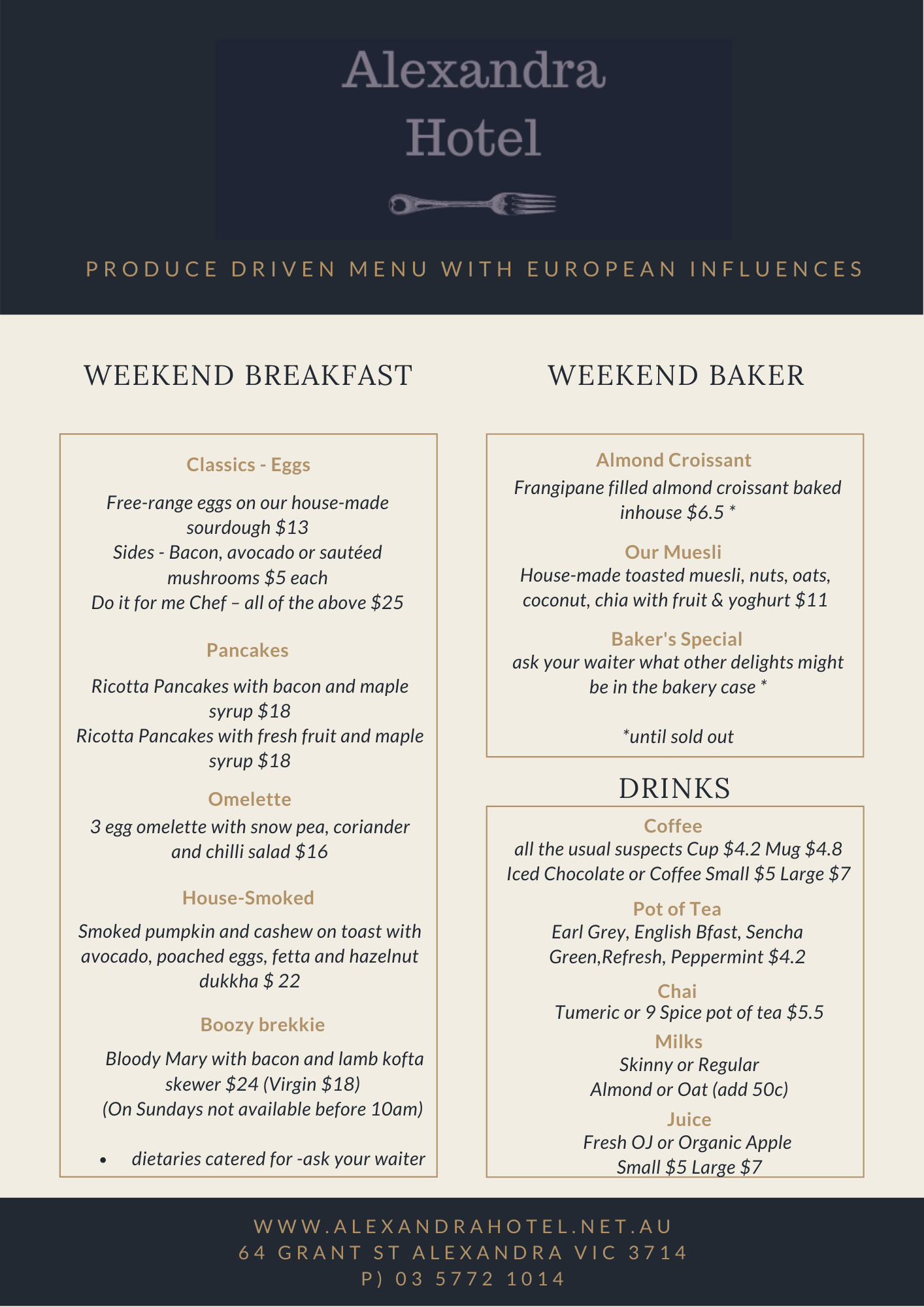 Alexandra Hotel, Alexandra Modern Australian Restaurant Menu, Phone